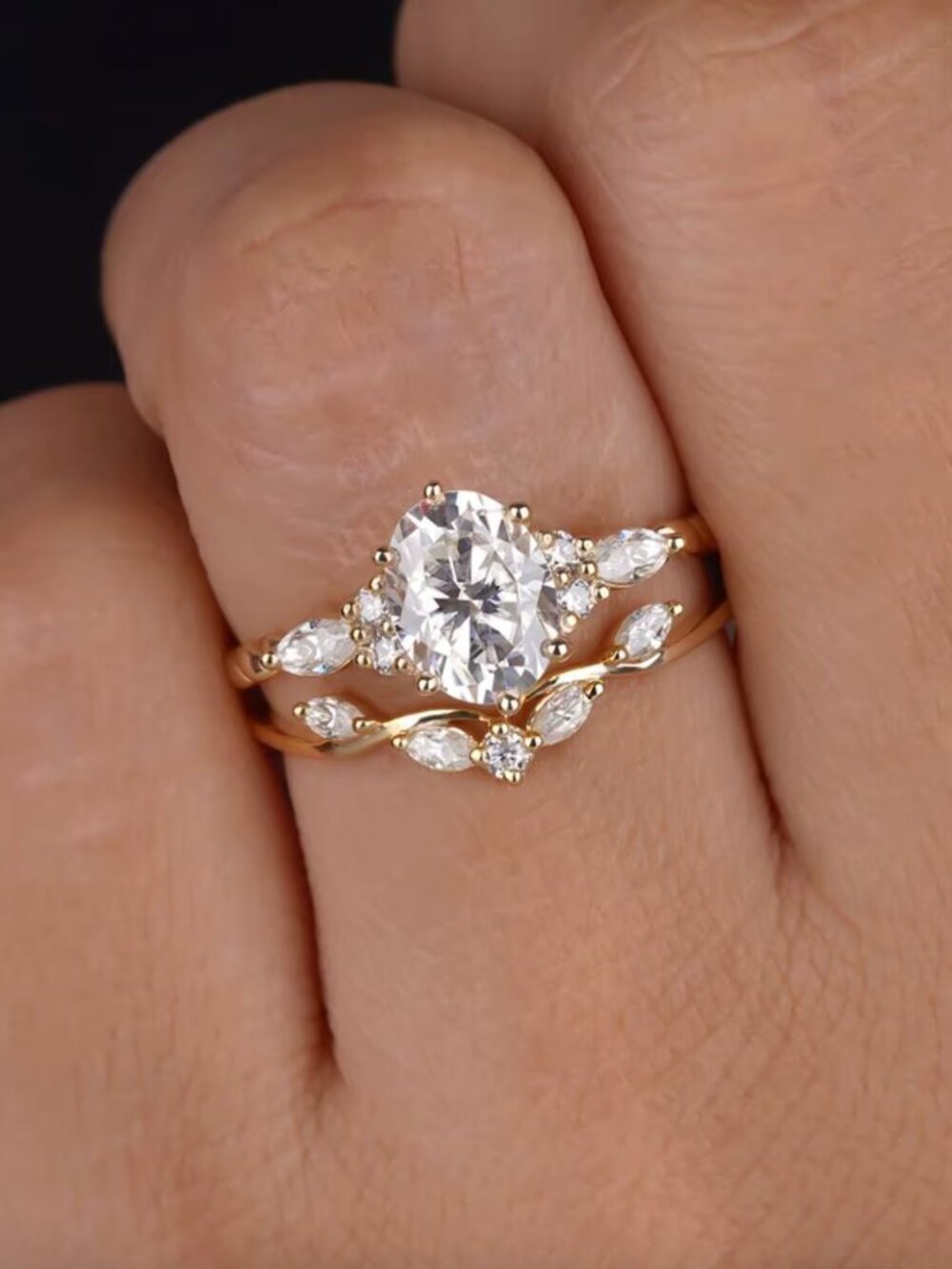 NEW 14k Yellow Gold Dainty Diamond Ring Set of 2 Rings Sterling Silver Rings